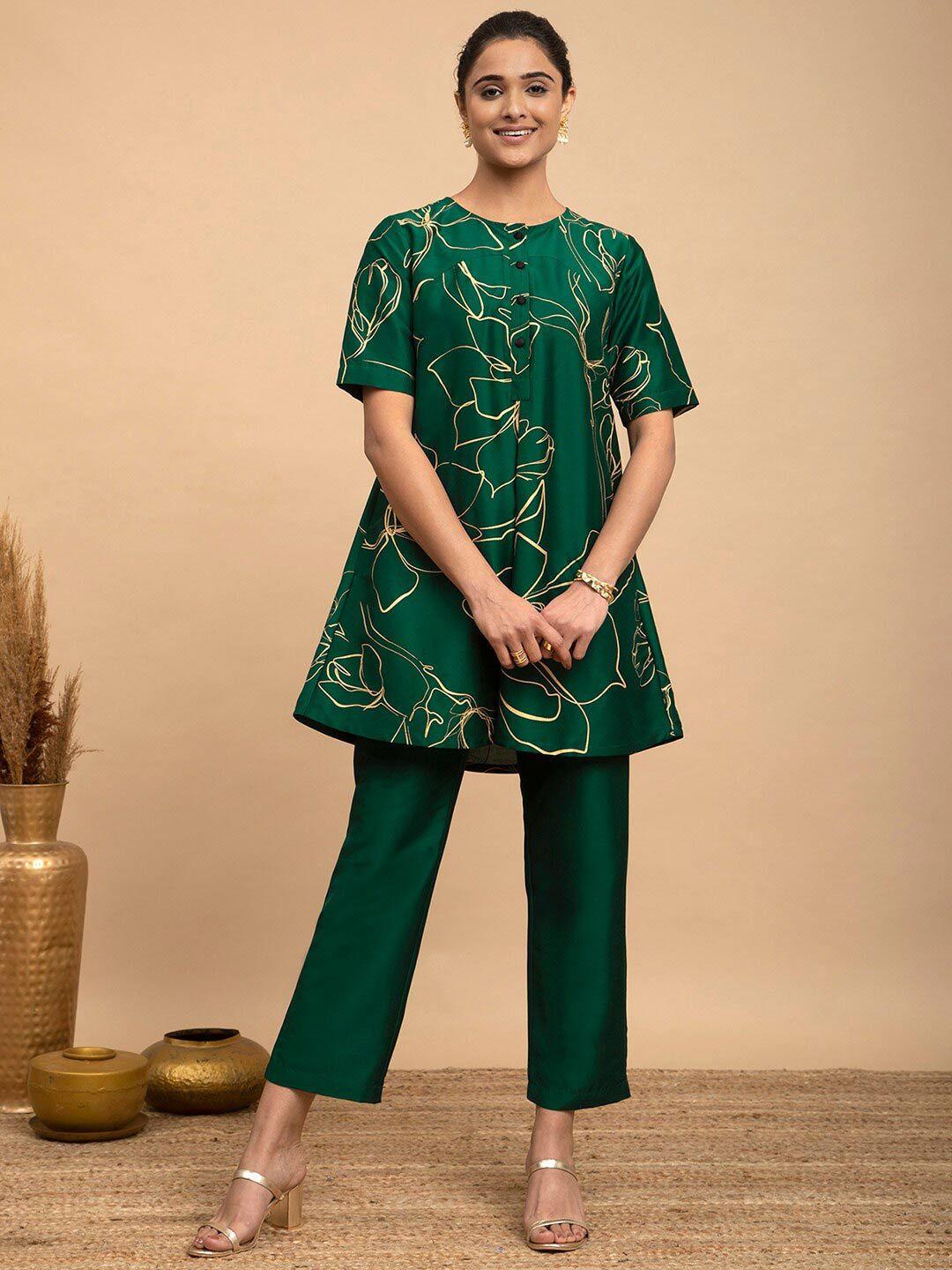 pink fort women green & gold-toned printed tunic with trousers