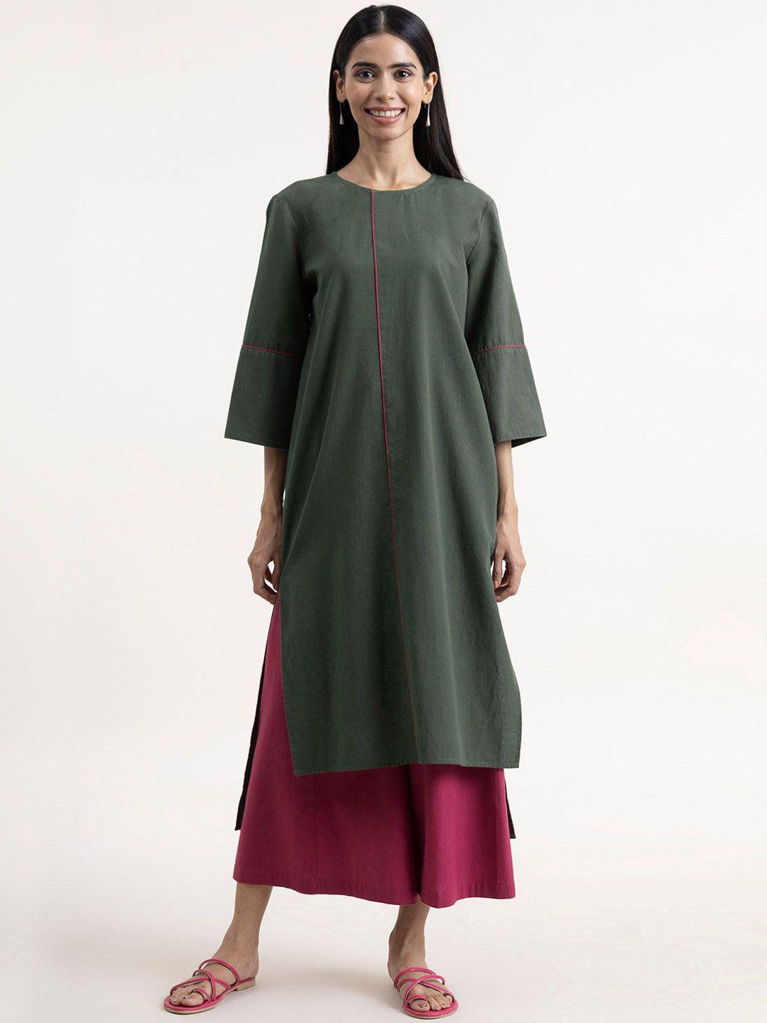 pink fort women green pure cotton kurta with palazzos