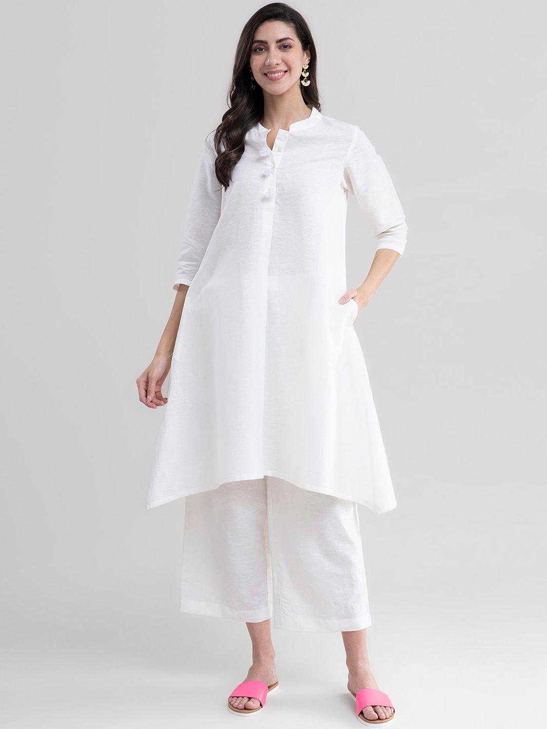 pink fort women white solid a-line kurta