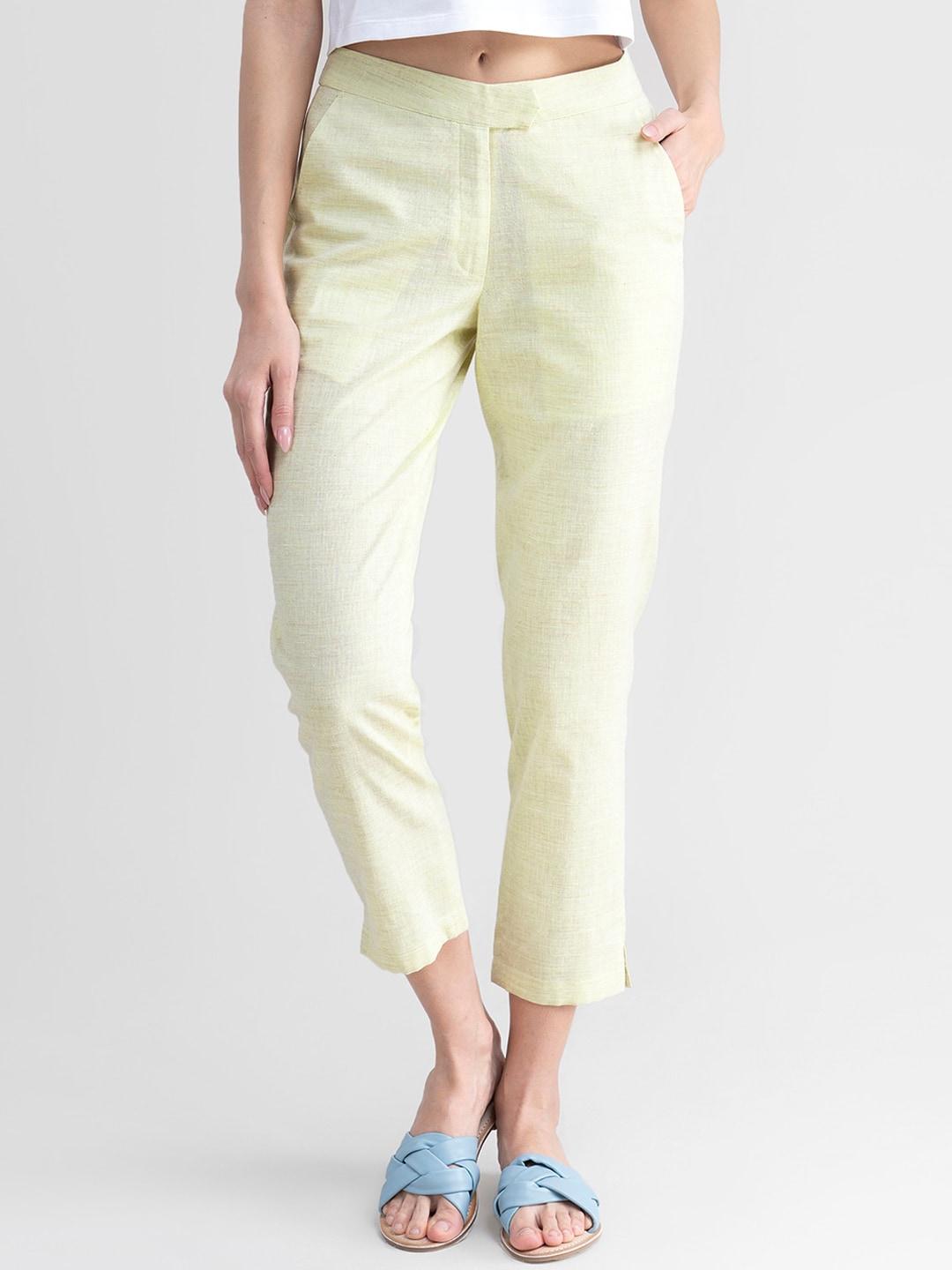 pink fort women yellow solid comfort tapered fit easy wash cotton trousers