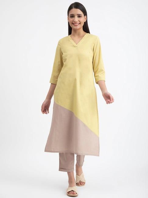 pink fort yellow & beige cotton solid kurta