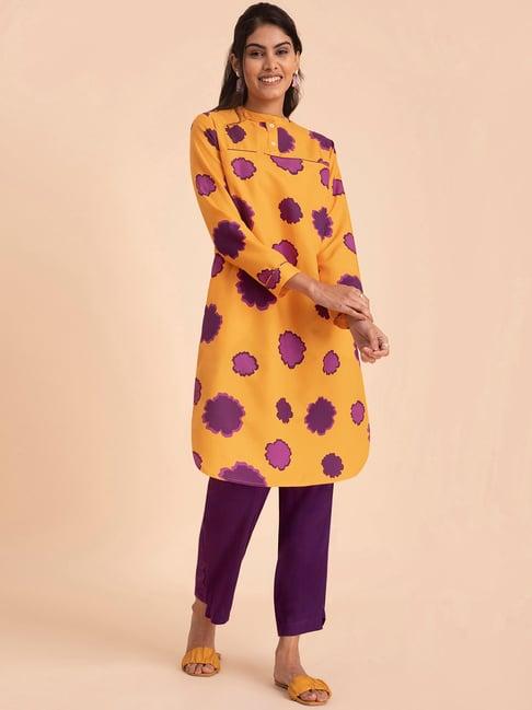 pink fort yellow & purple floral kurta pants set