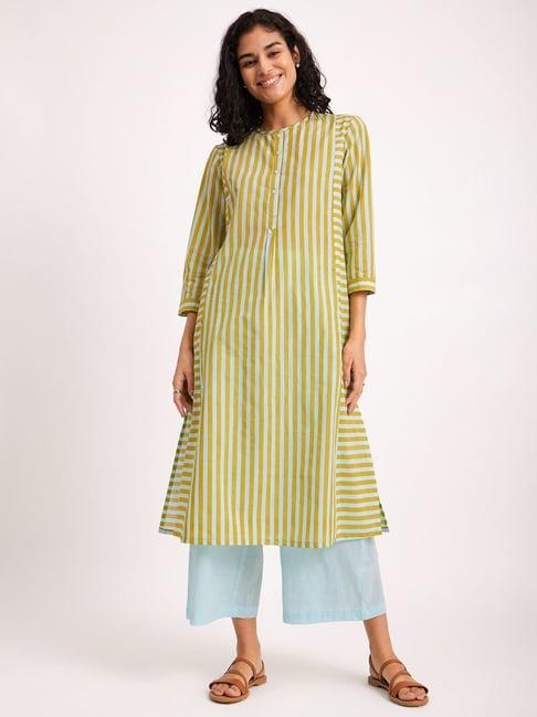 pink fort yellow & sky blue cotton striped kurta palazzo set