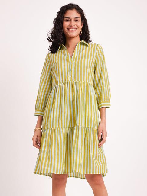 pink fort yellow cotton striped a-line dress