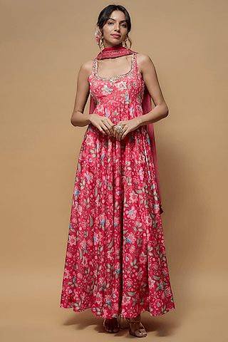 pink french crepe printed anarkali set