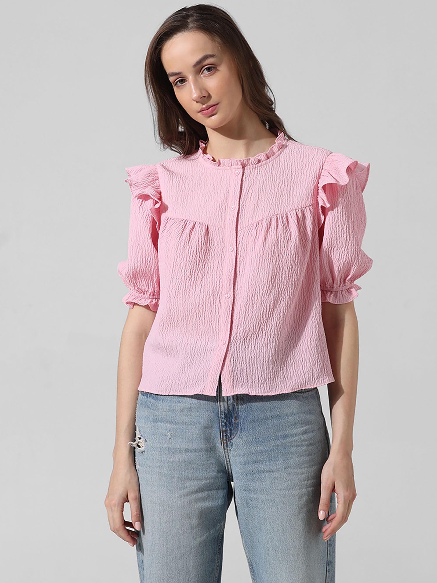 pink frill-trimmed crinkled top