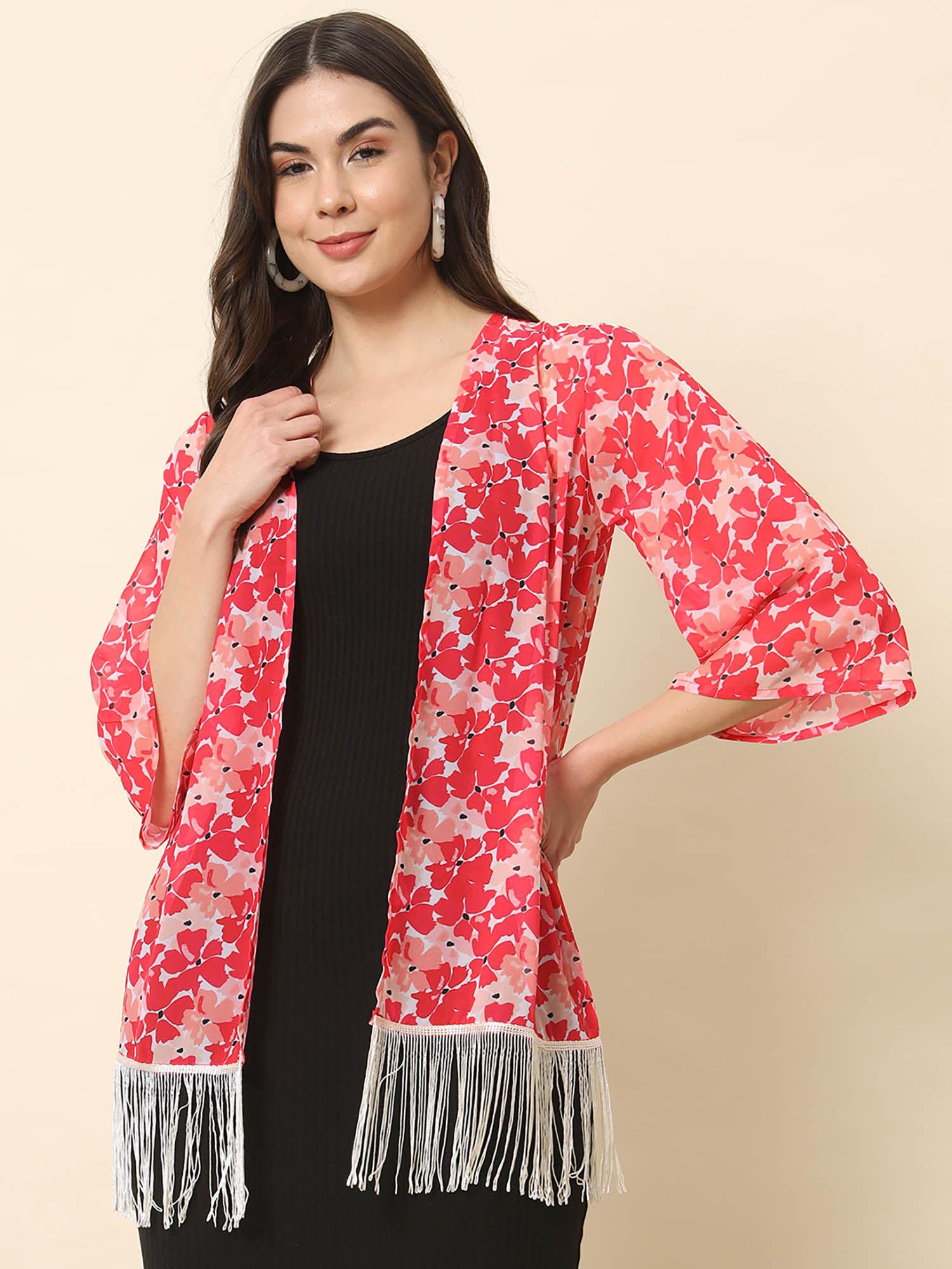 pink fringes floral printed shrug