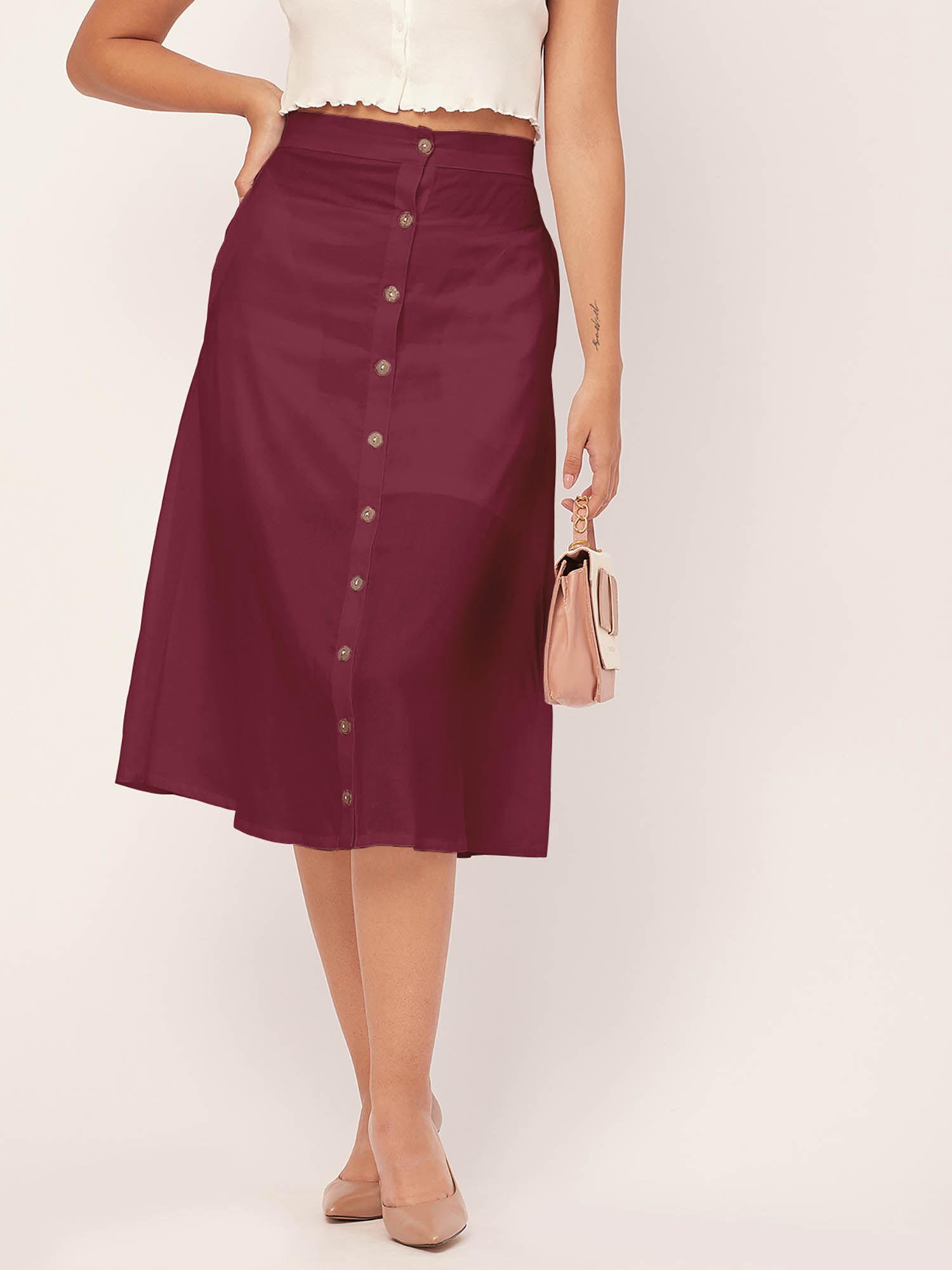 pink front button a-line midi skirt