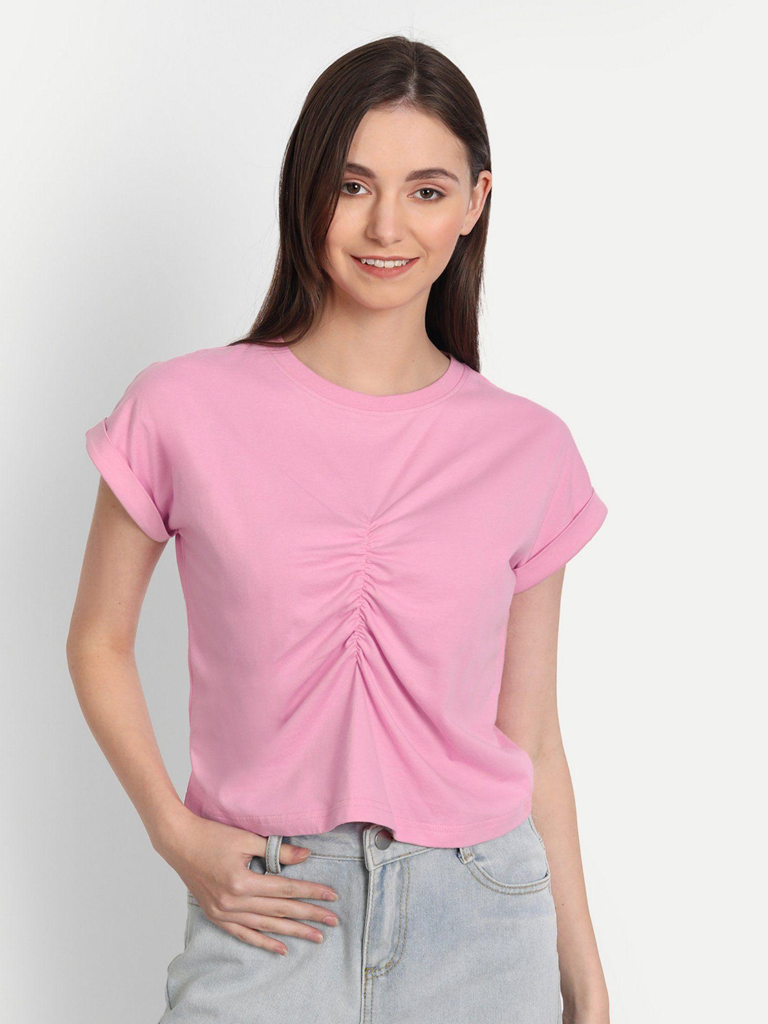 pink front gathered short sleeve top