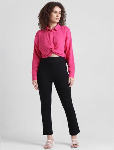 pink front knot cropped shirt