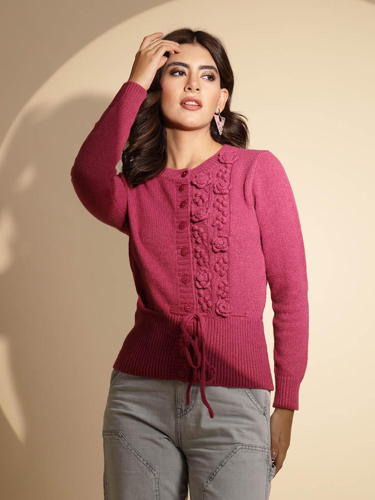 pink full sleeve round neck cardigan