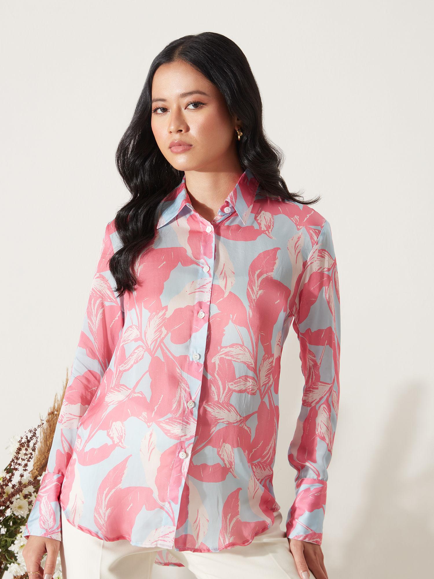 pink full sleeves floral satin shirt