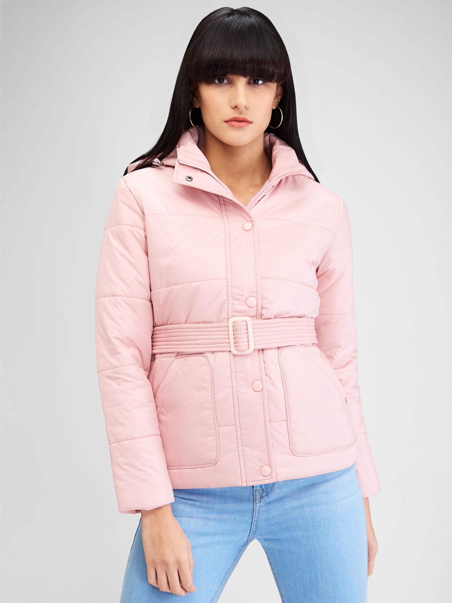 pink full sleeves solid jacket with belt (set of 2)