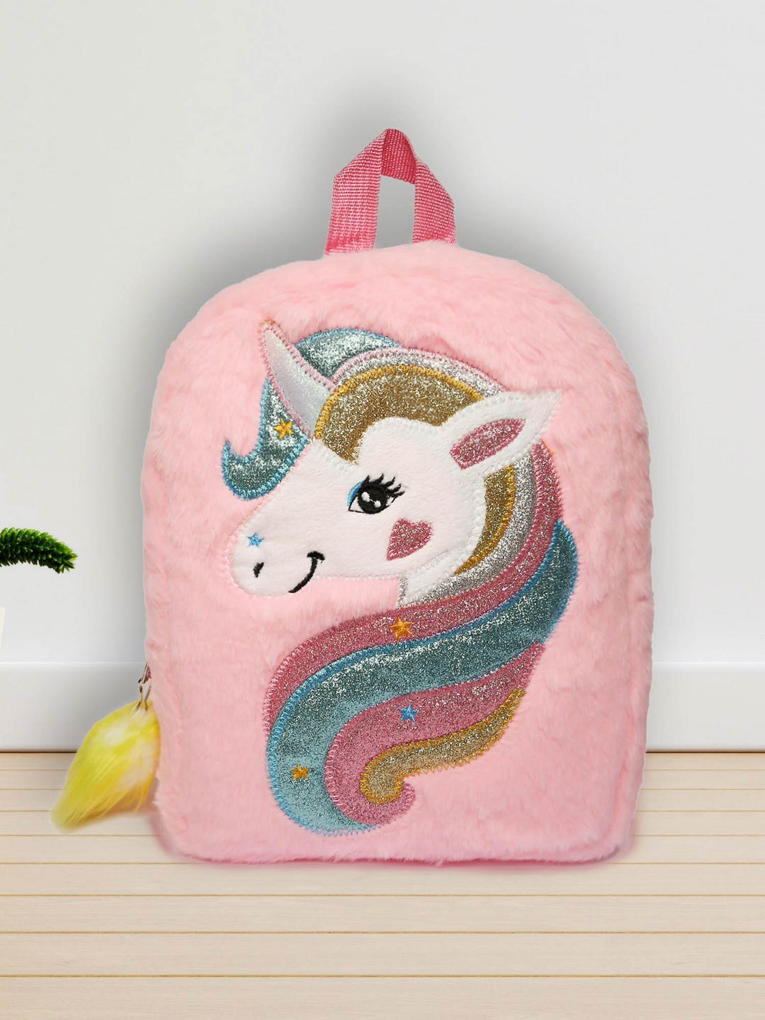 pink fur cartoon unicorn graphic backpack for kids