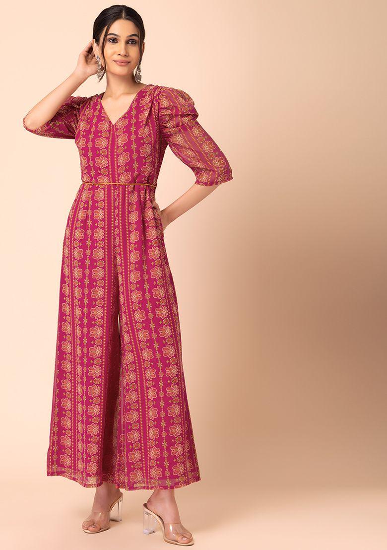 pink geometric print front tie jumpsuit