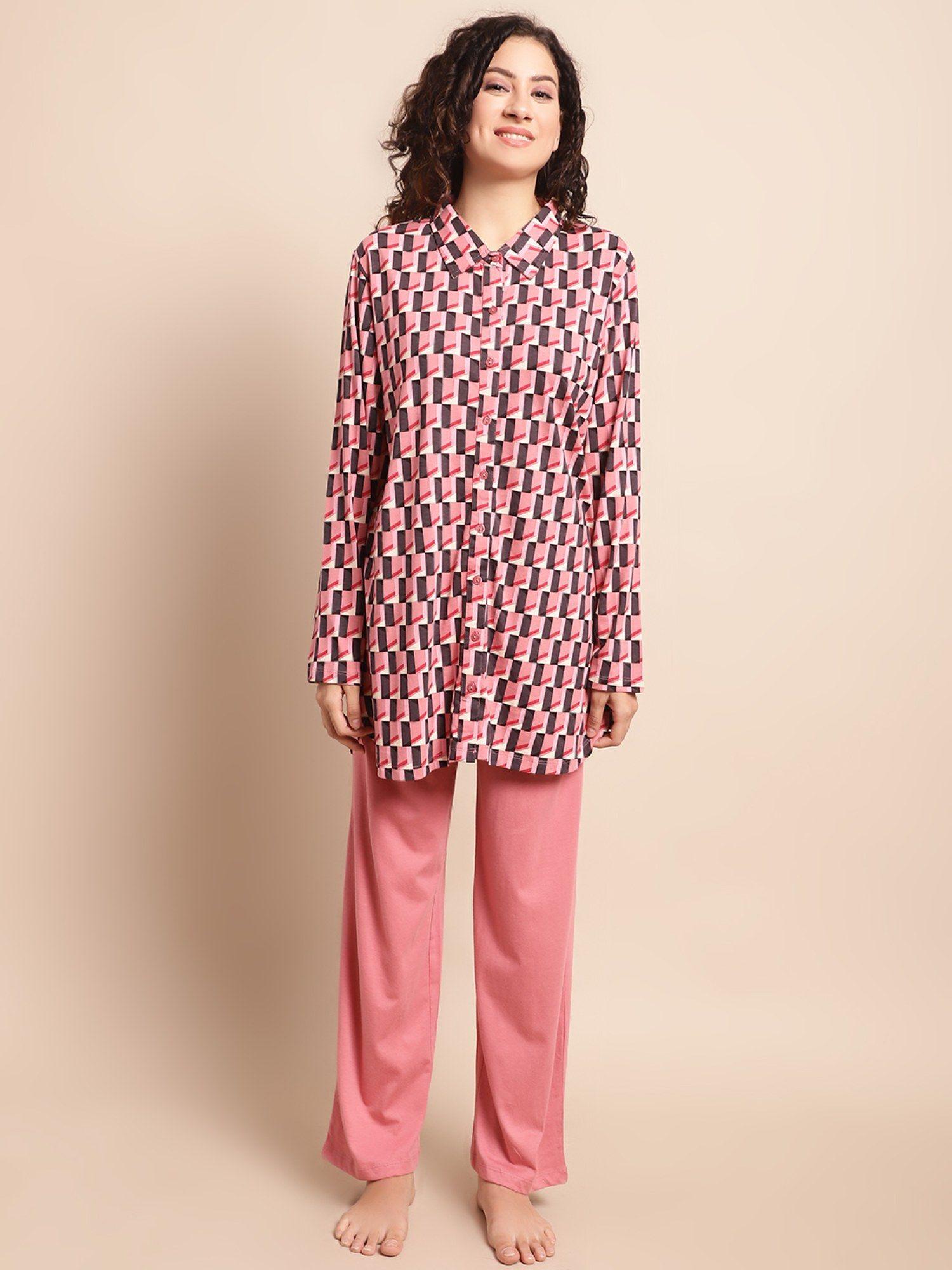 pink geometric printed night suit (set of 2)