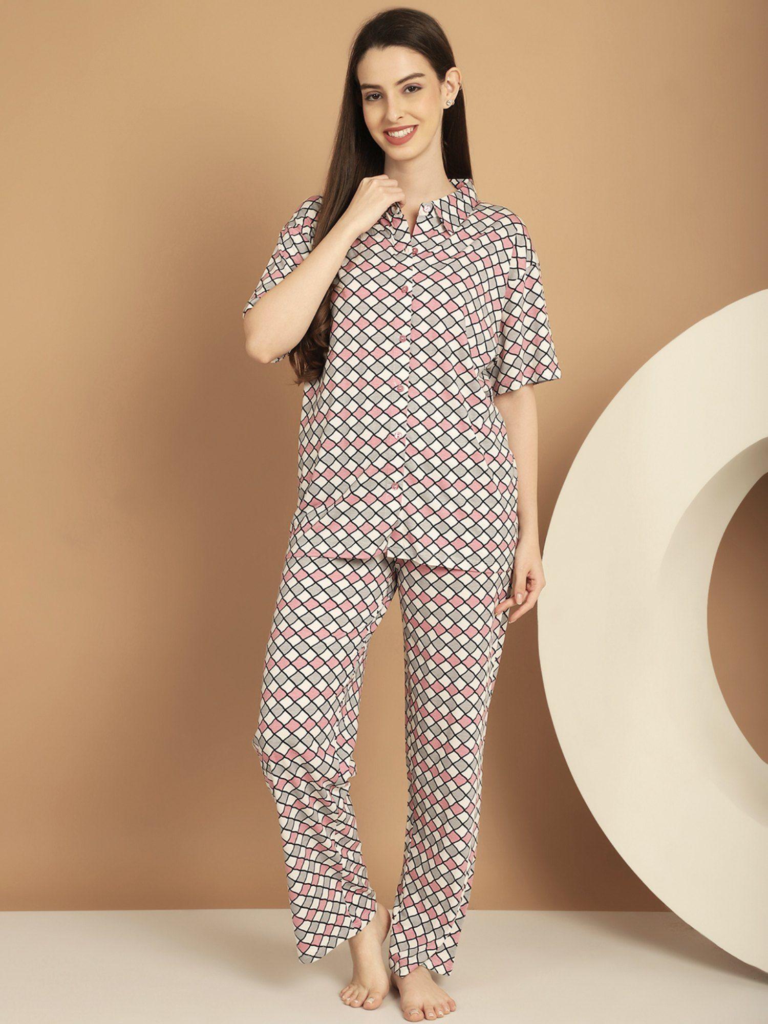 pink geometric printed shirt collar cotton night suit (set of 2)