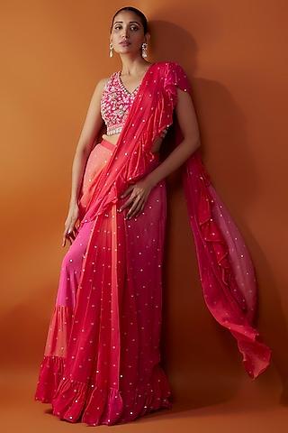 pink georgette & raw silk zardosi embroidered pre-stitched ruffled saree set