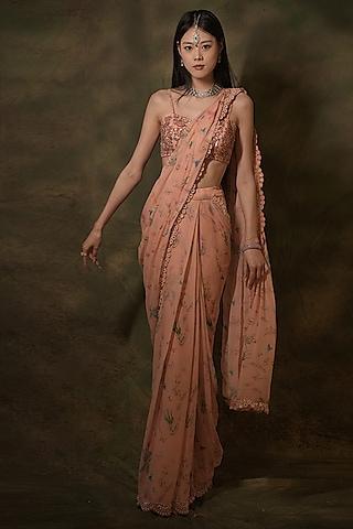 pink georgette 3d floral embroidered pre-stitched saree set
