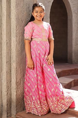pink georgette bandhej printed jumpsuit for girls