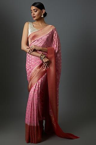 pink georgette brocade embroidered saree