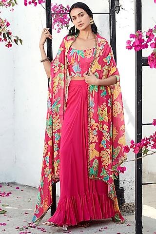 pink georgette cape set