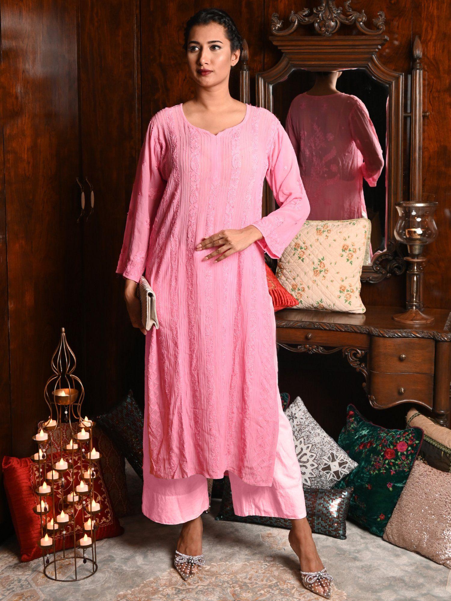 pink georgette chikankari embroidered stitched kurta