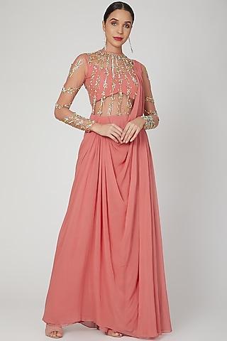 pink georgette crystal embellished pre-draped gown saree