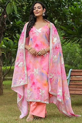 pink georgette digital printed & floral motif embroidered kurta set