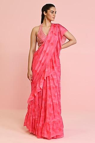 pink georgette draped ruffled saree set