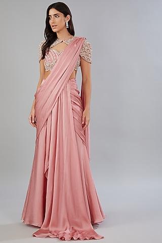 pink georgette draped saree set