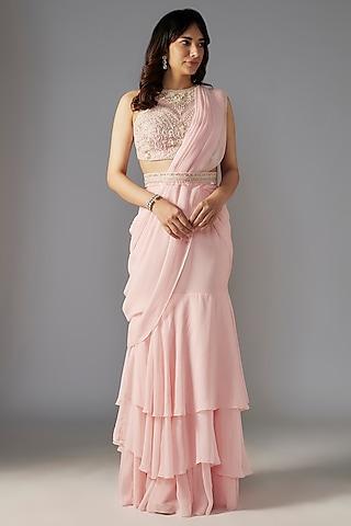 pink georgette draped saree set