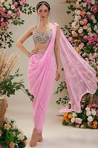 pink georgette draped saree set