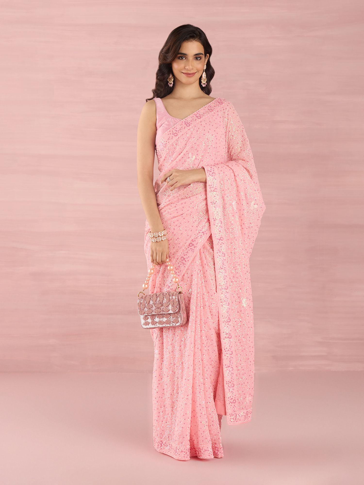 pink georgette embellished/sequined thread work saree with unstitched blouse