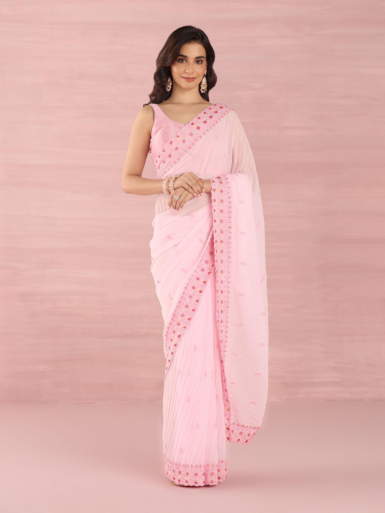 pink georgette embellished embroidered saree with unstitched blouse