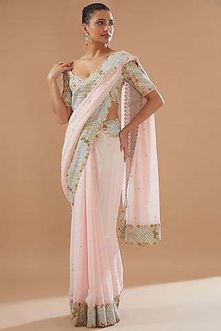pink georgette embellished saree set