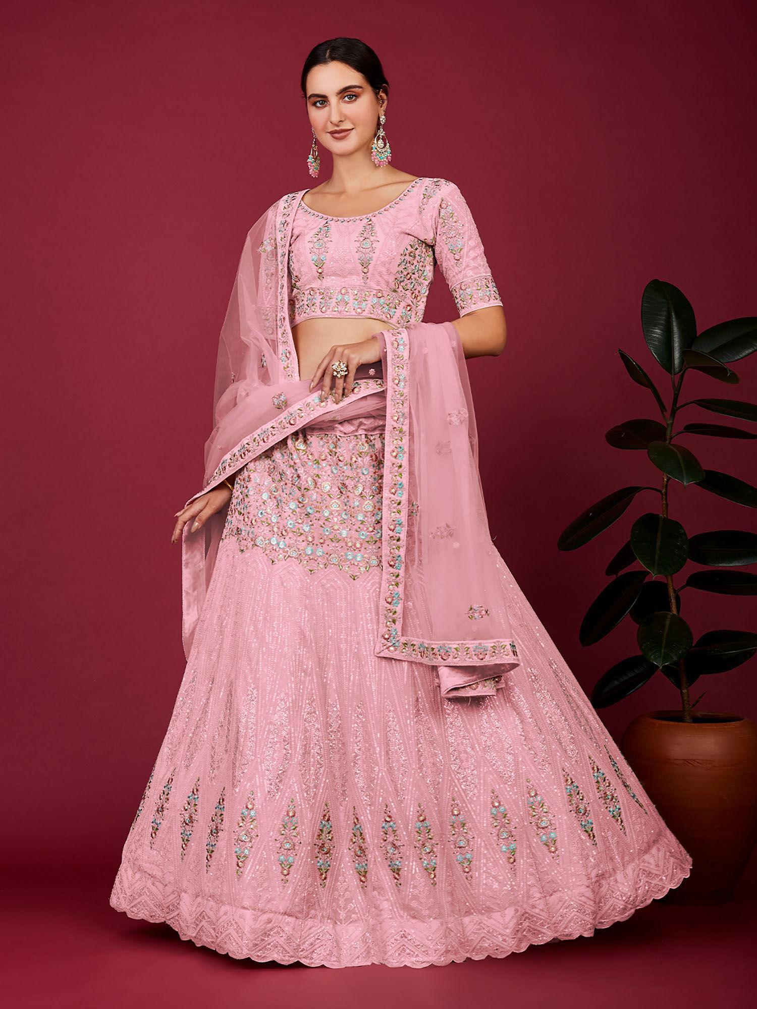 pink georgette embellished semi stitched lehenga with unstitched blouse (set of 3)