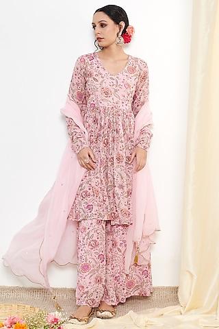 pink georgette embroidered & floral printed short anarkali set