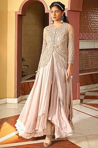 pink georgette embroidered gown sharara with jacket