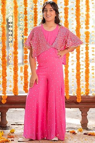 pink georgette embroidered jumpsuit with shrug for girls