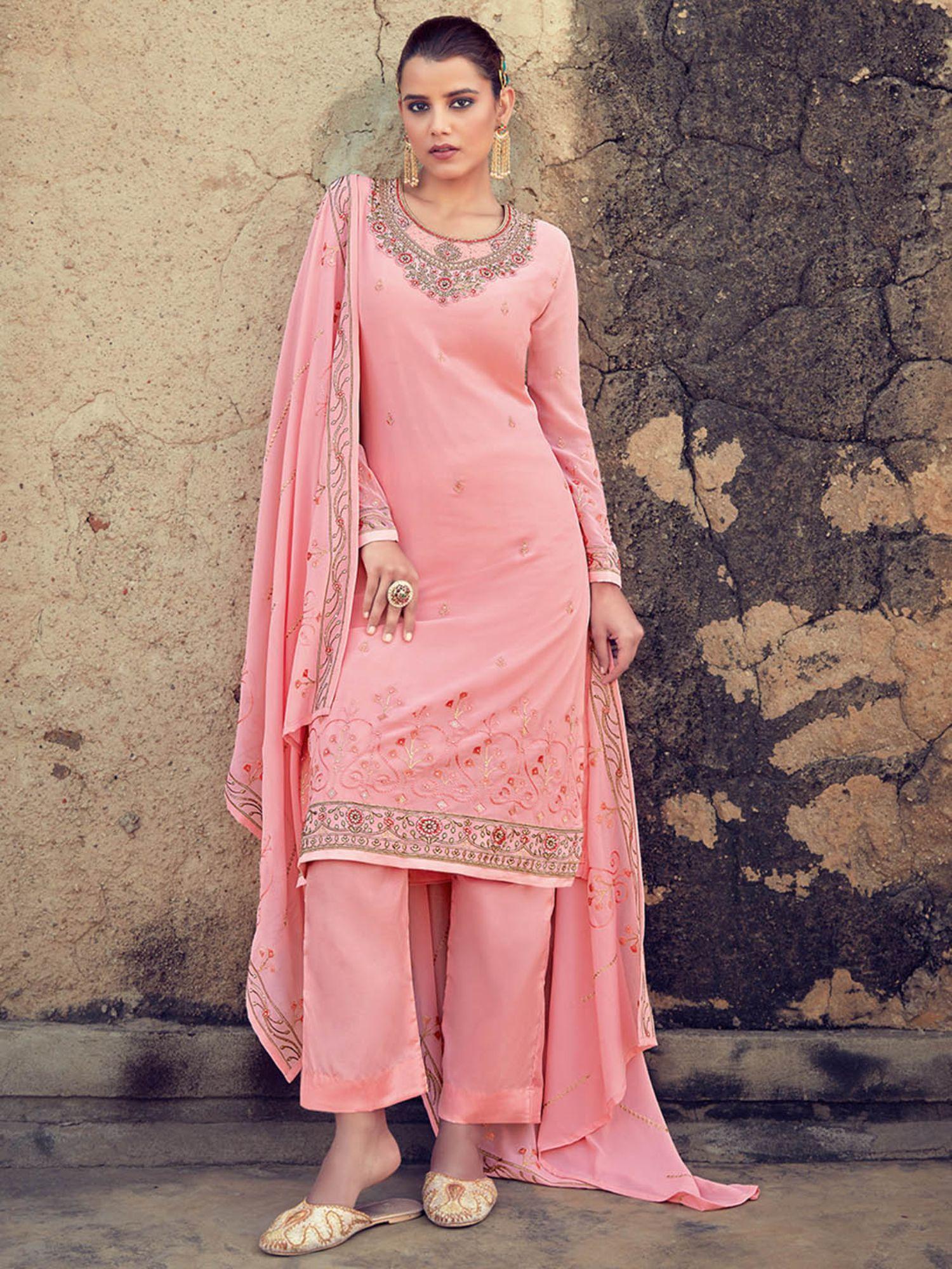 pink georgette embroidered kurta with pant & dupatta (set of 3)