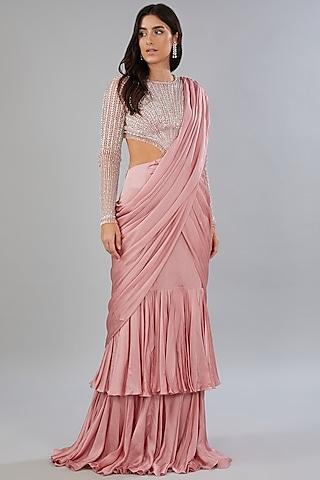 pink georgette embroidered layered saree gown