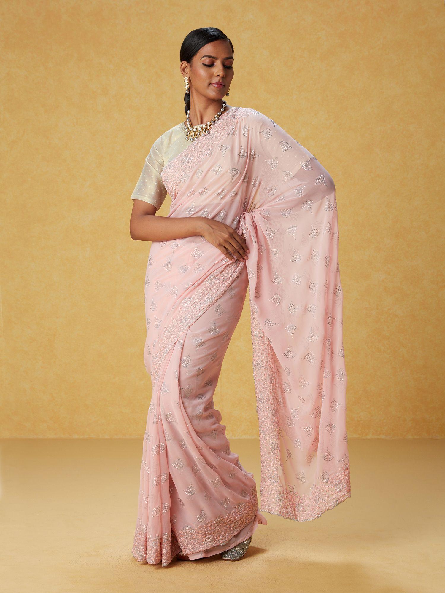 pink georgette embroidered saree with scalloping and unstitched blouse liksar96 (free size)