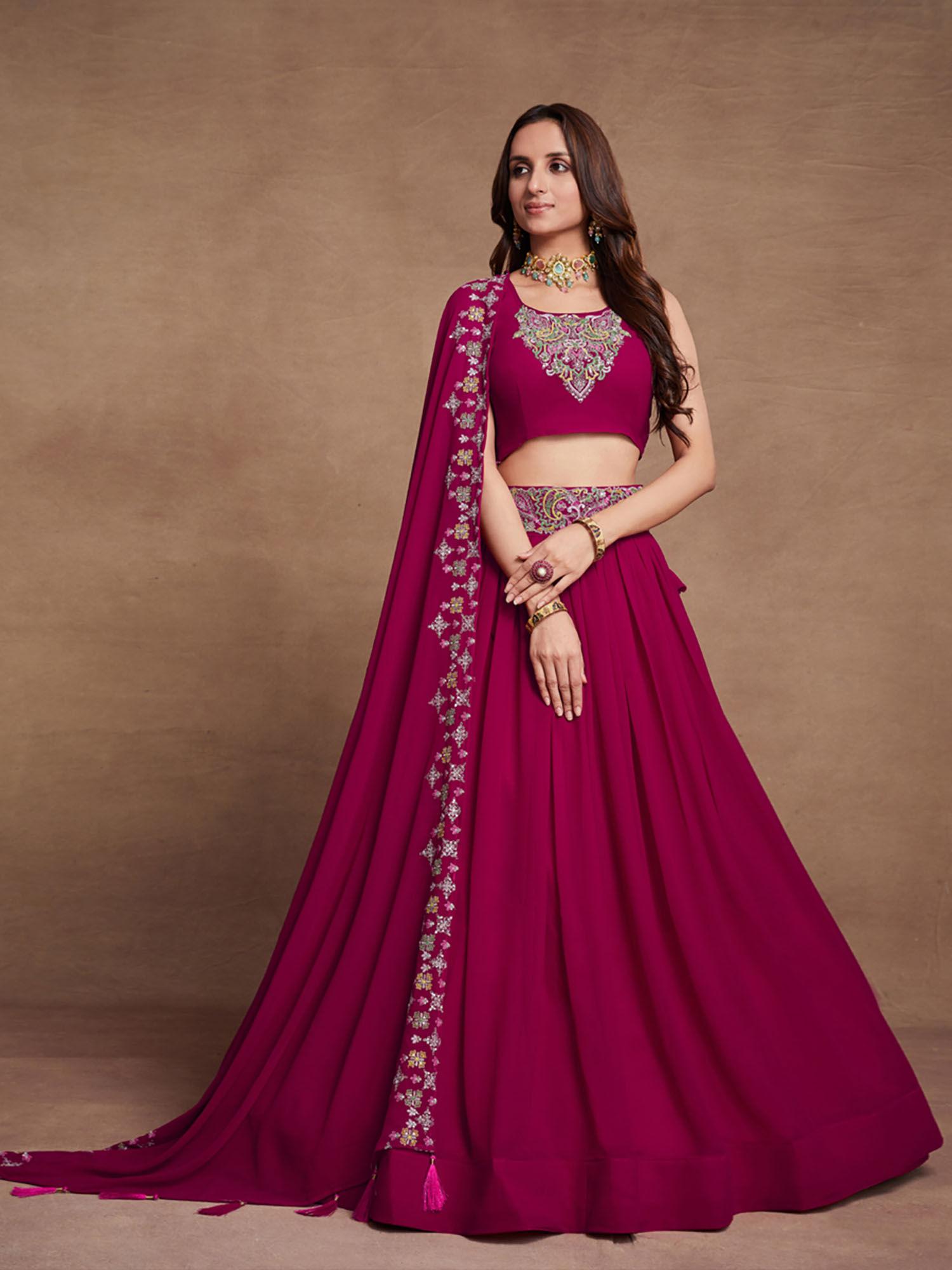 pink georgette embroidered semi stitched lehenga with unstitched blouse (set of 3)