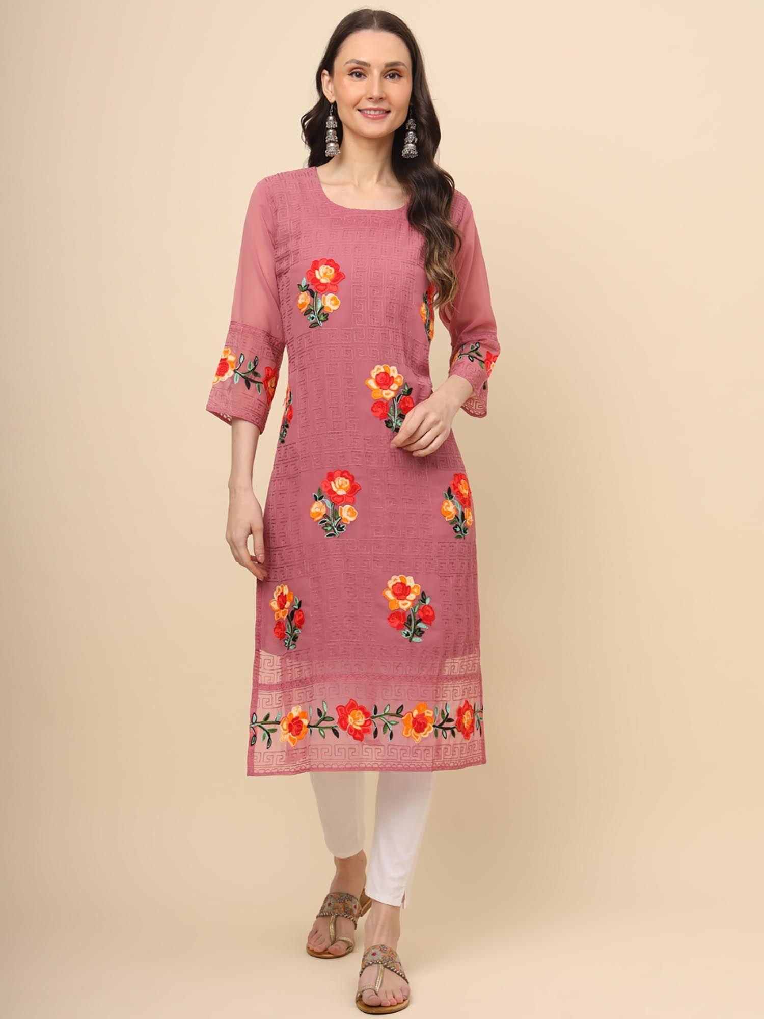 pink georgette embroidery work straigh kurta