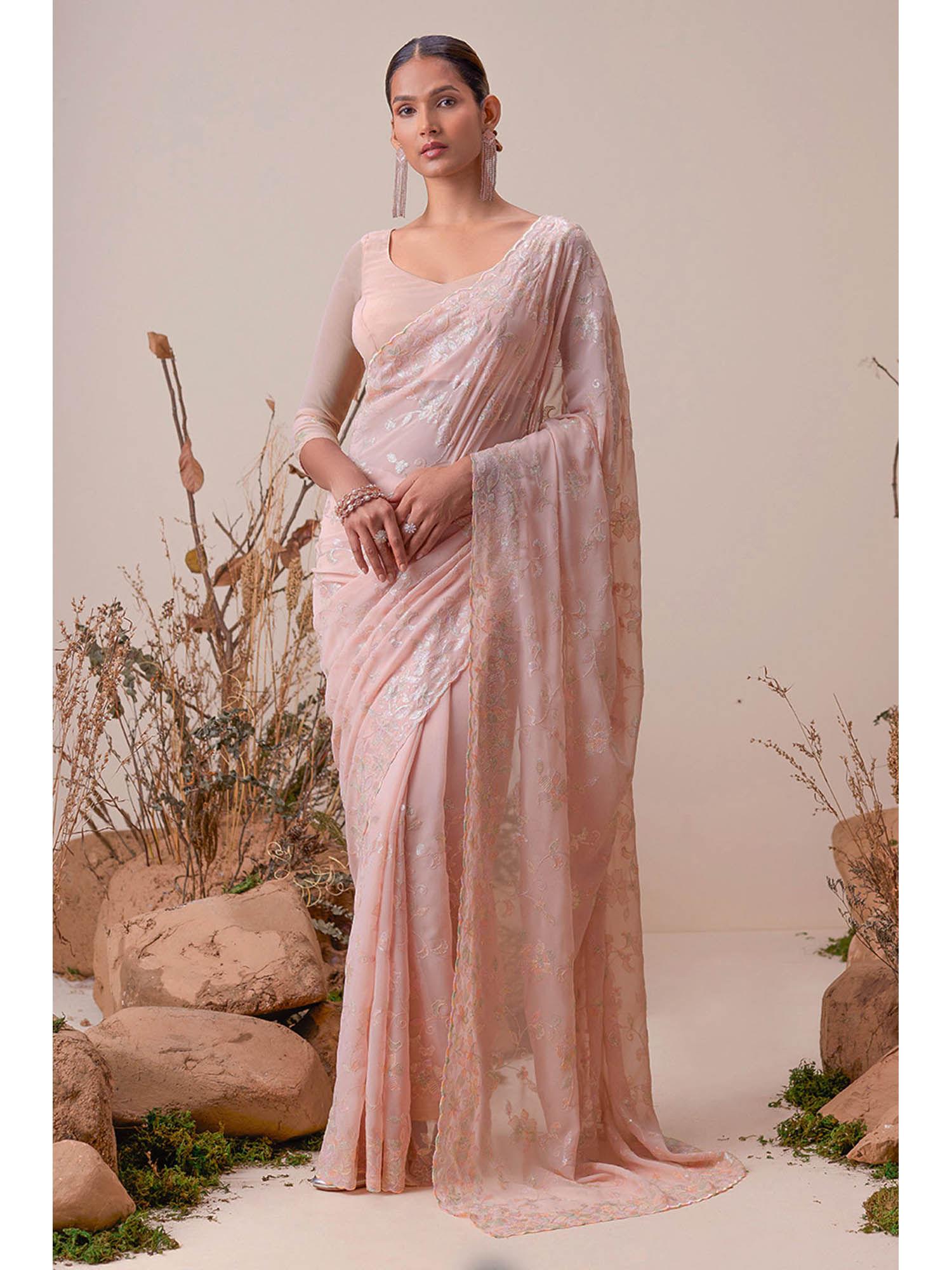 pink georgette floral embroidery and sequins saree with unstitched blouse
