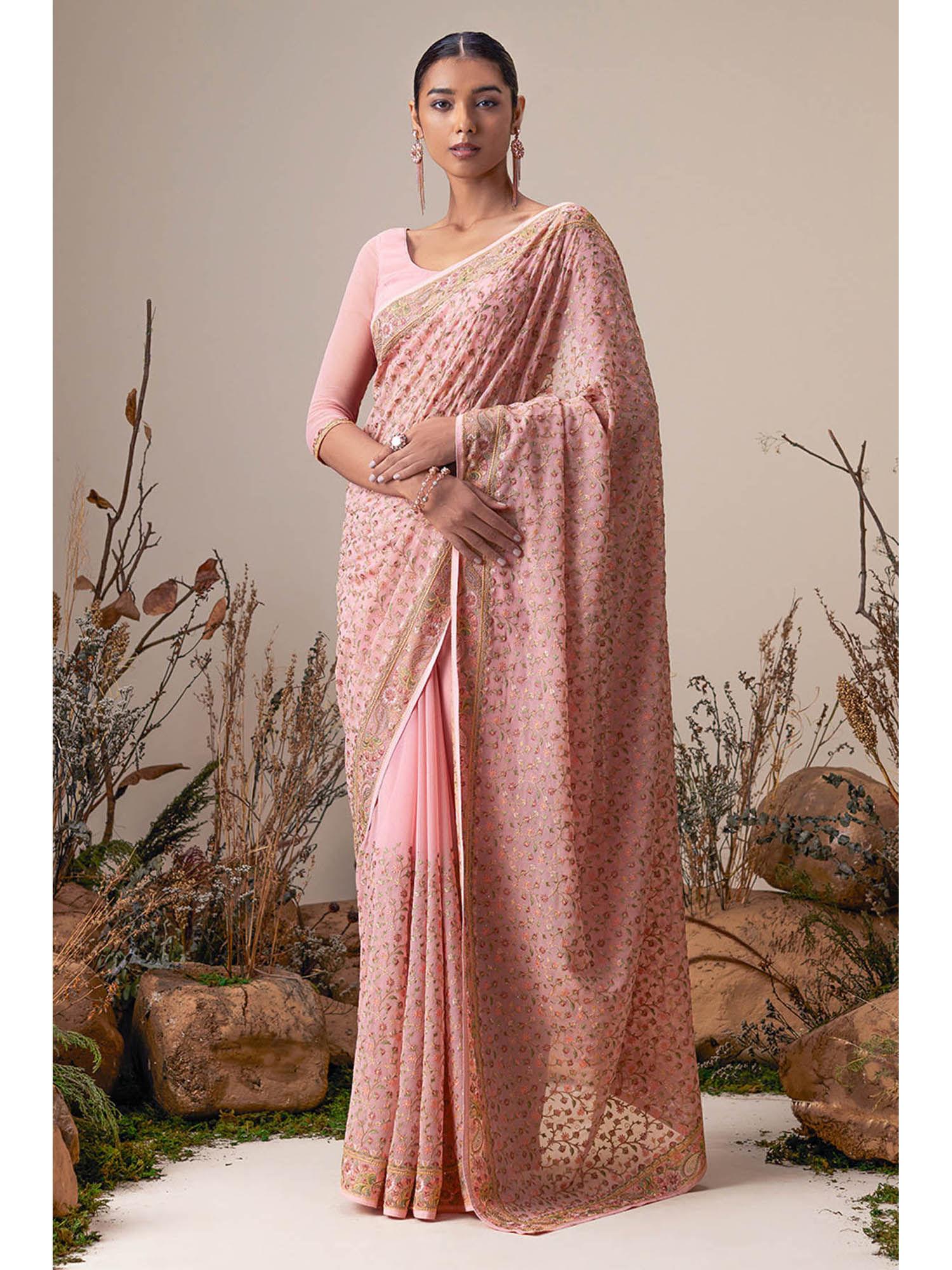 pink georgette floral embroidery and stones saree with unstitched blouse