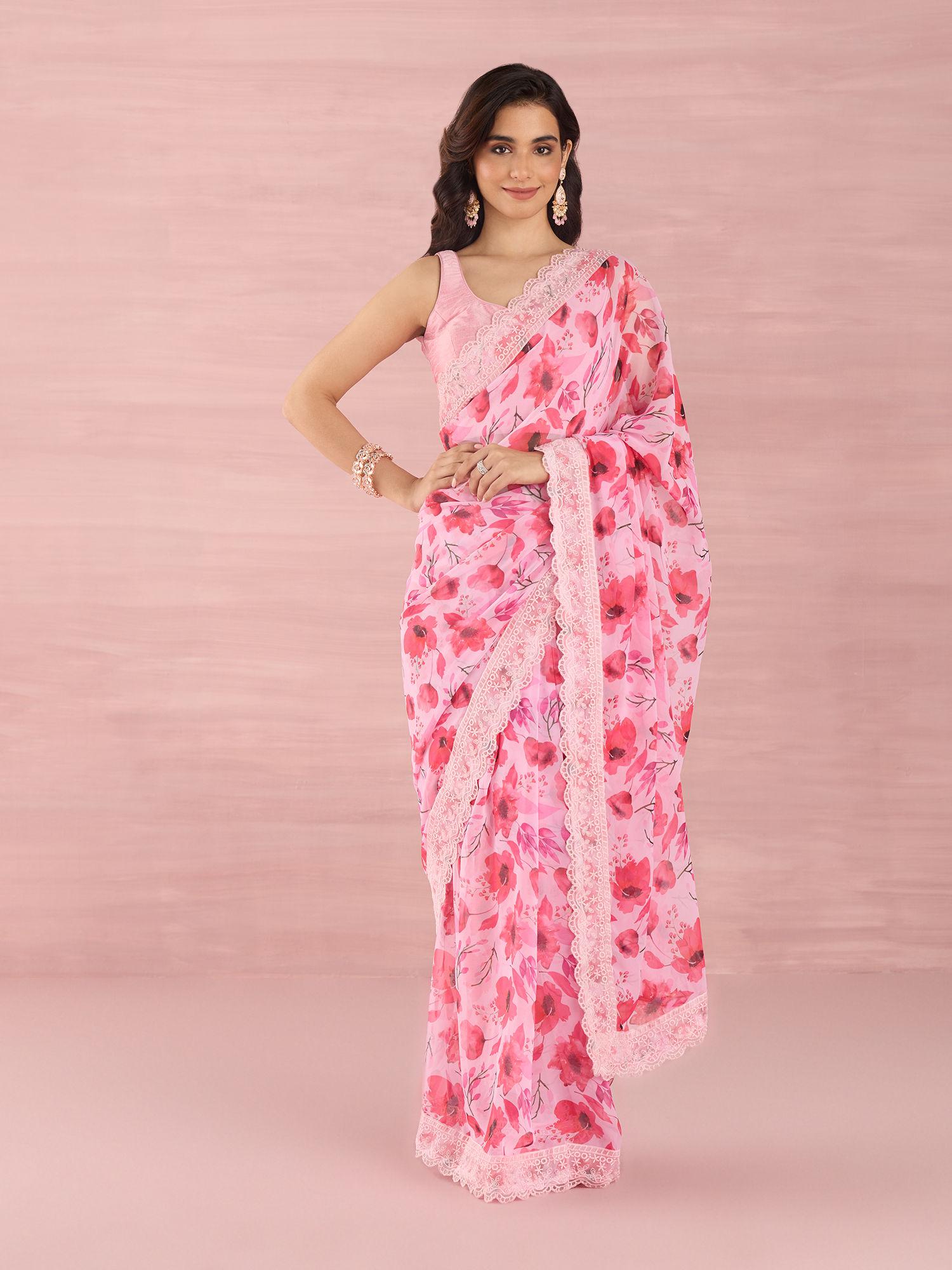 pink georgette floral tassels saree with unstitched blouse