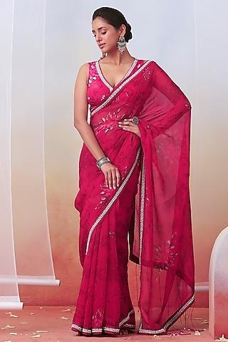 pink georgette foil printed & hand embroidered saree set