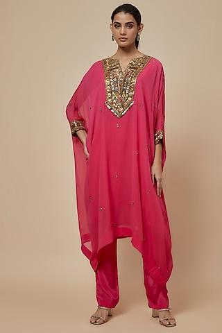 pink georgette hand embroidered kaftan set